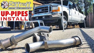 2001 F350 73  RiffRaff UpPipes Install  Stock up pipes leaking and falling apart JUNK SP [upl. by Higinbotham184]